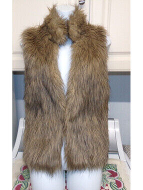 JW Style Womens Size S Brown Vest Faux Fur , Knit Sweater Back Hook Eye